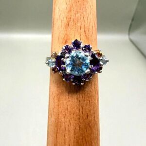 925 Sterling Silver Blue Topaz Amethyst Citrine Cluster Ring Size 7.75